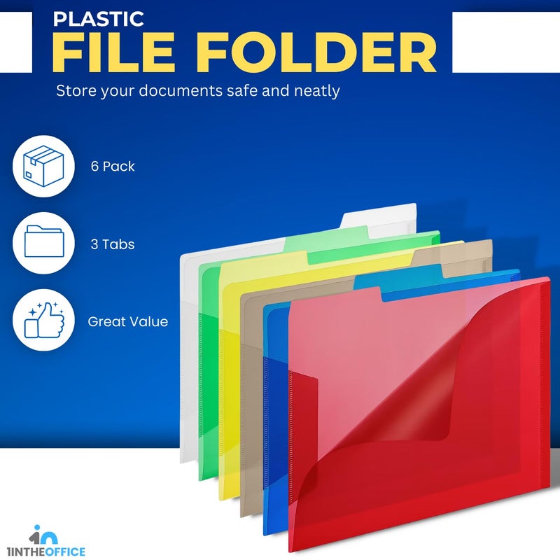 1InTheOffice Plastic File Folders, 3-Tab, Letter Size, Assorted Colors Poly File Folders, 6 Pack - Image 2